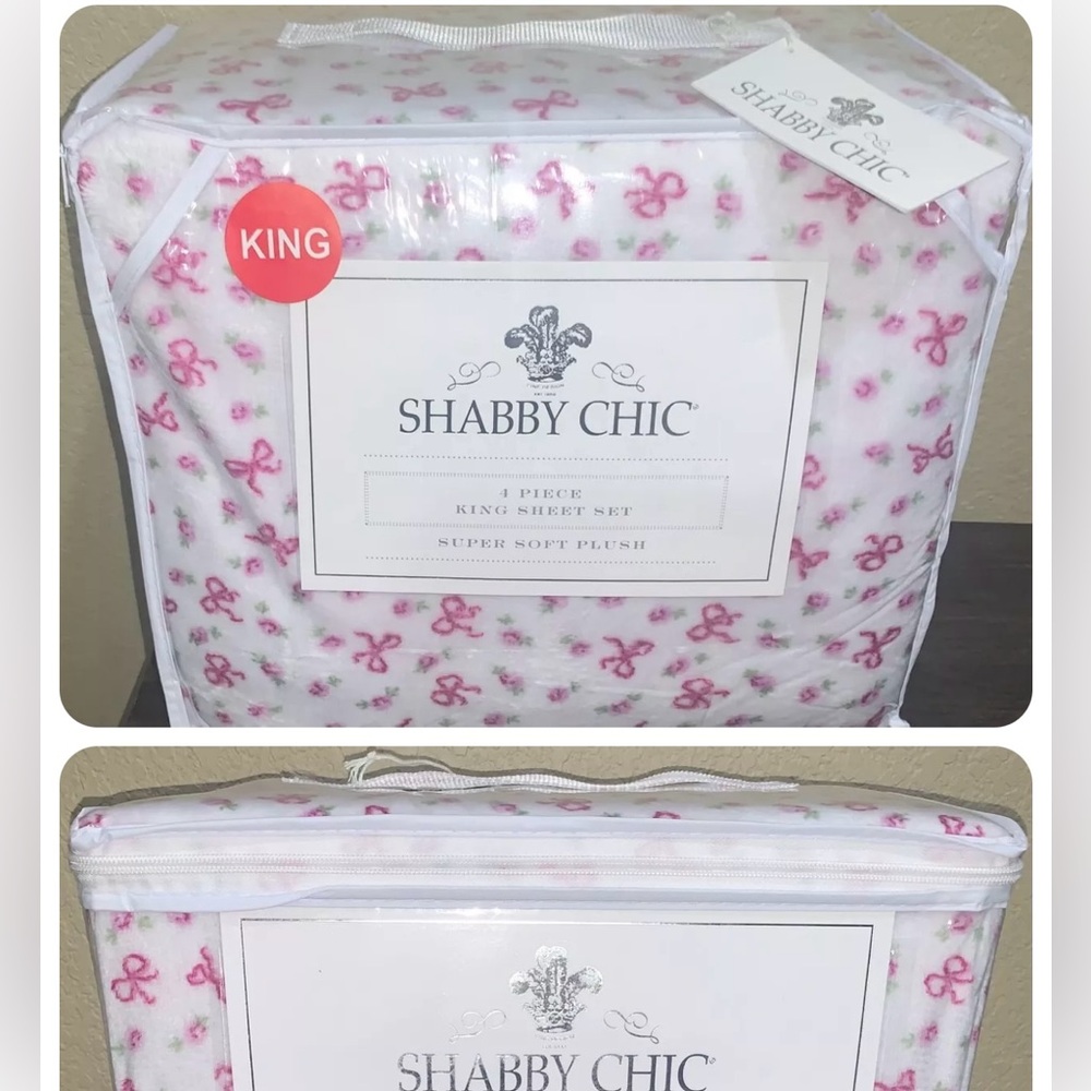 Shabby Chic bedding Bows and Flowers plush sheet set KING. Roses coquette